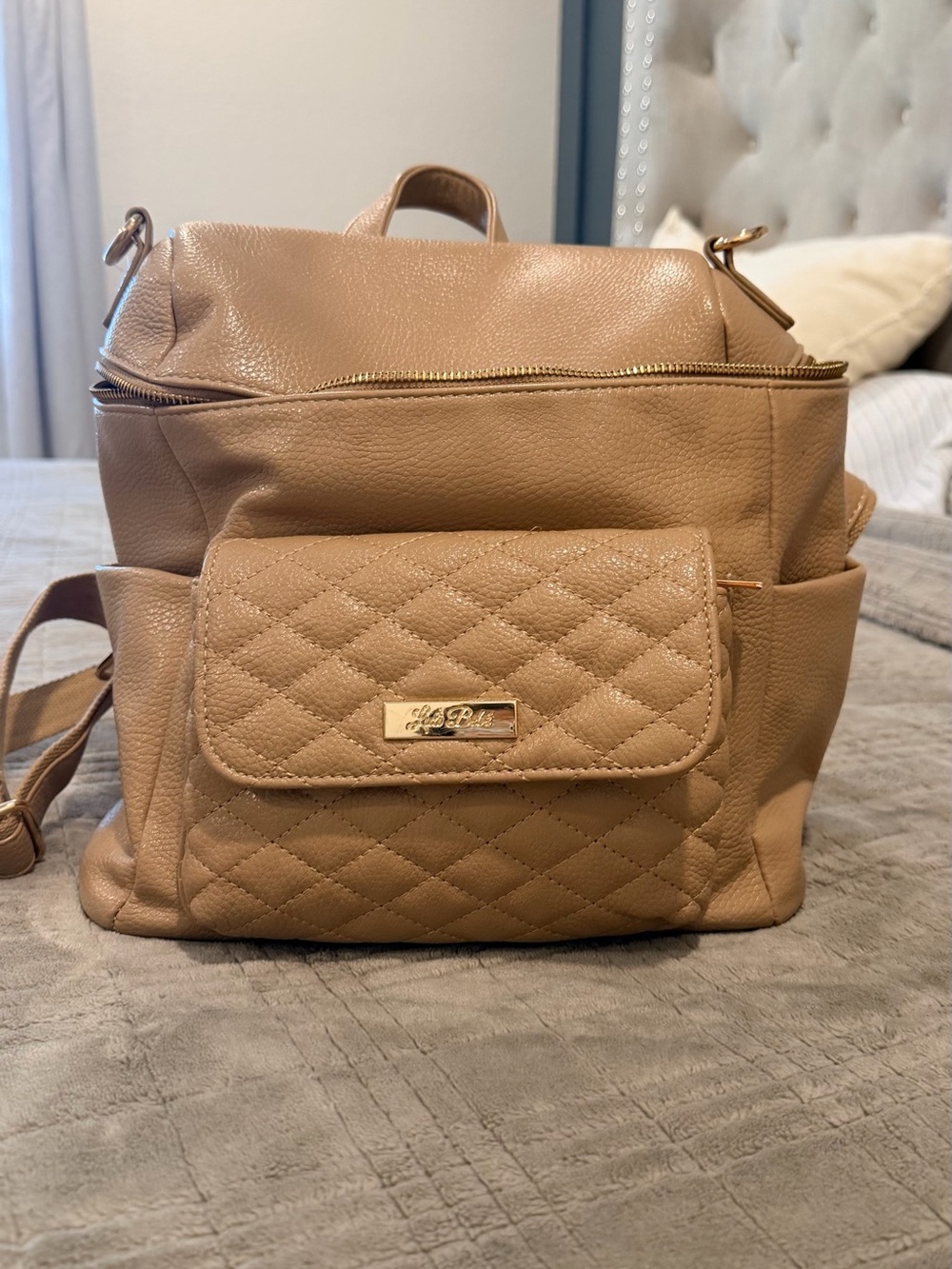 LULIBEBE Tan Quilted Diaper Bag Backpack – Gold-Tone Hardware